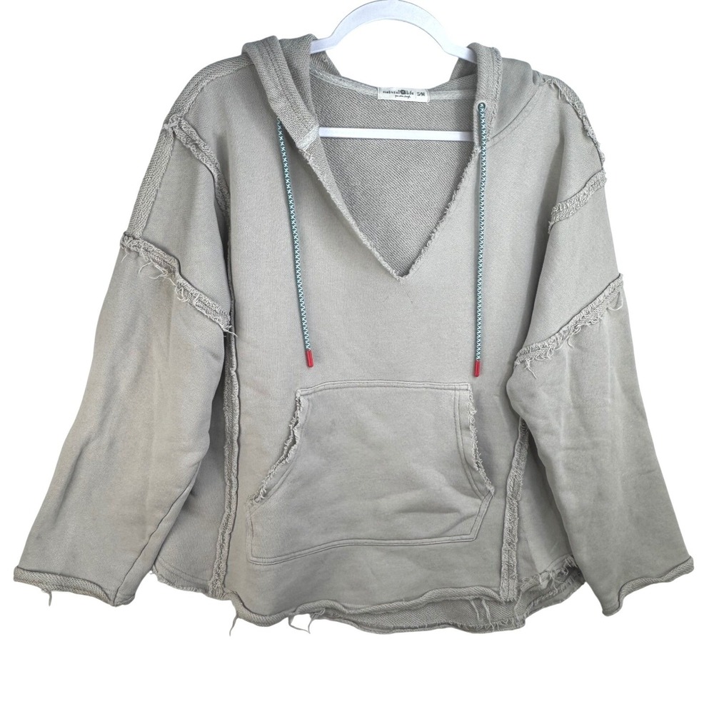 Natural Life Boho Raw Edge Hoodie Taupe Cotton French Terry V-Neck Sweatshirt SM